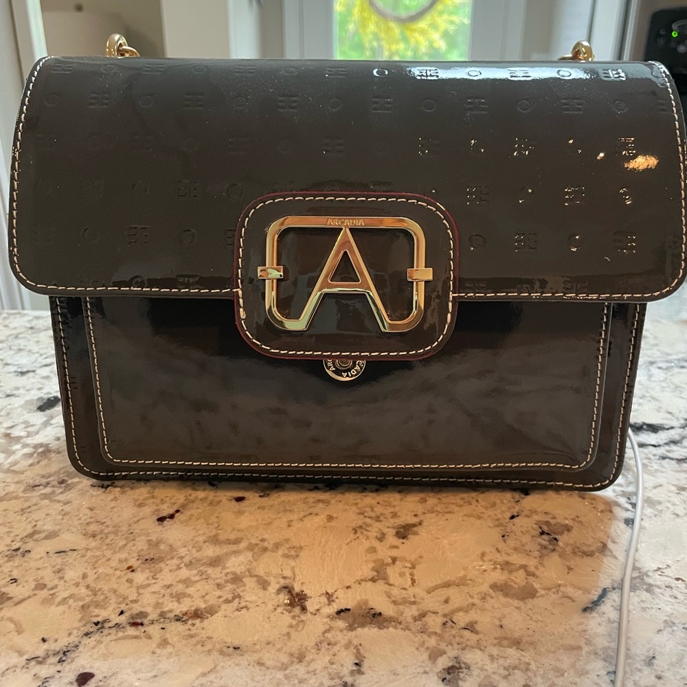 Arcadia Patten Leather Shoulder Bag with Gold Accent and emboss lettering